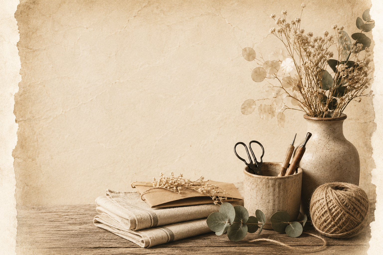 Handmade materials, dried flowers and craft tools
